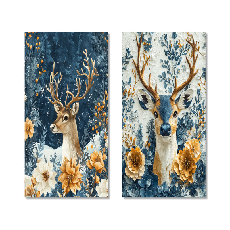 «Blue Snowy Santa Deer Collage I», ensemble de 2 grandes décorations murales en métal, 40" H x 40" W