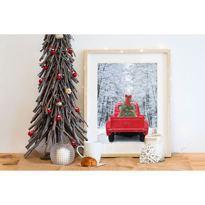Christmas Photography Print Vintage Red Truck Pickup Winter Snow Forest Xmas Tree Framed Poster Rustic Farmhouse Holiday Decoration