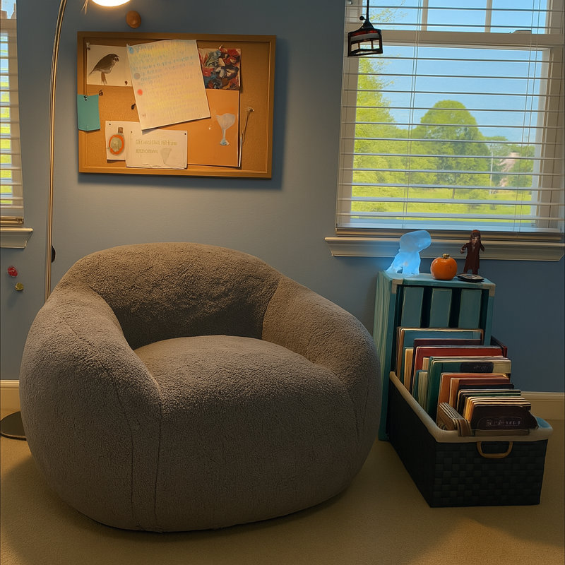 Round Bean Bag Chair, Plush Memory Foam Lounge Chair with Back and Arm Support, Light Gray Teddy