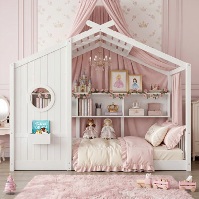 Lit simple pour enfant Montessori certifié CPC blanc, lit de jeu pour tout-petits avec toit et tablette de rangement intégrée, cadre de chambre en bois sécuritaire