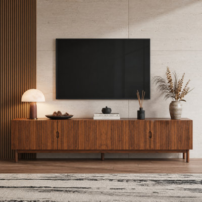 86.6" Modern Tv Stand For Tvs Up To 90", 4-cabinet Media Console With Solid Wood Legs, Walnut