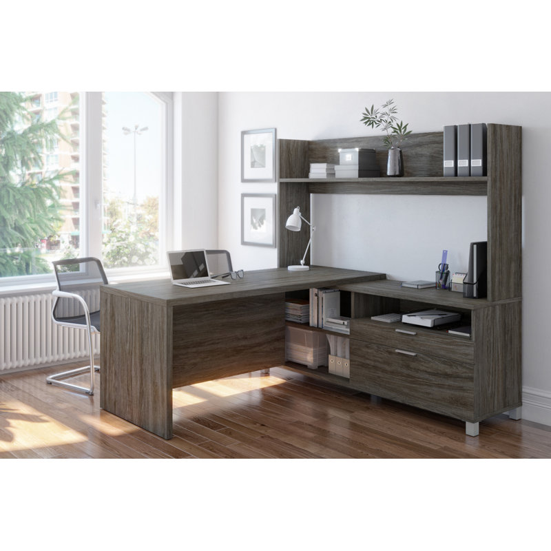 Operle Reversible L-Shaped Desk with Single Shelf Hutch, 72W, Walnut Gray