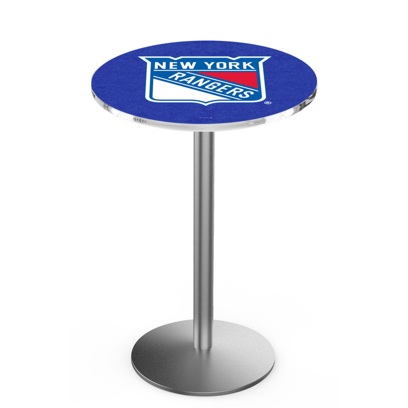 NHL Round Metal Base Dining Table, New York Rangers, Stainless Steel
