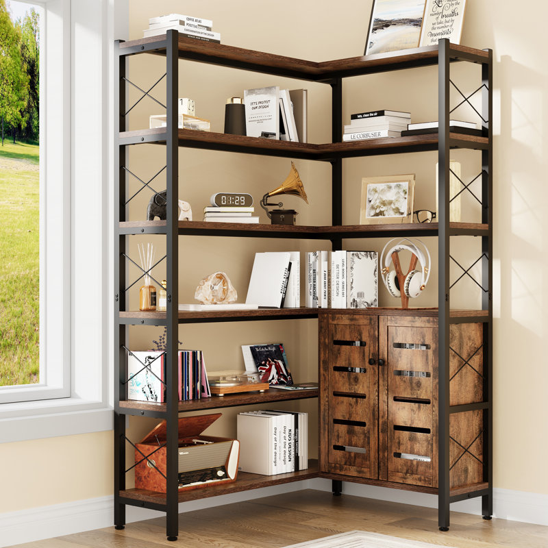 6-Shelf Corner Bookshelf, Vintage Industrial Corner Bookshelf With Storage Cabinet, Etagere Bookcase, Large Book Shelf With Metal Frame, Vintage Bookshelves For Living Room Home Office (31.49"D X 39.37"W X 70.86"H)