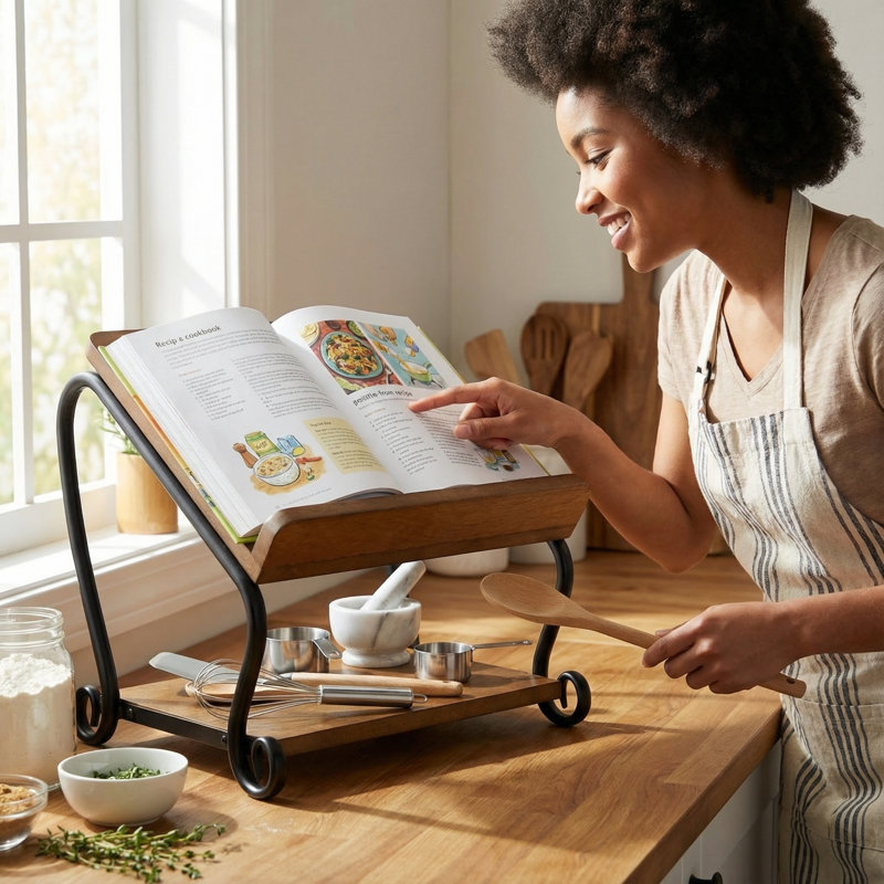 Deluxe Solid Wood Cookbook Display Rack with Shelf