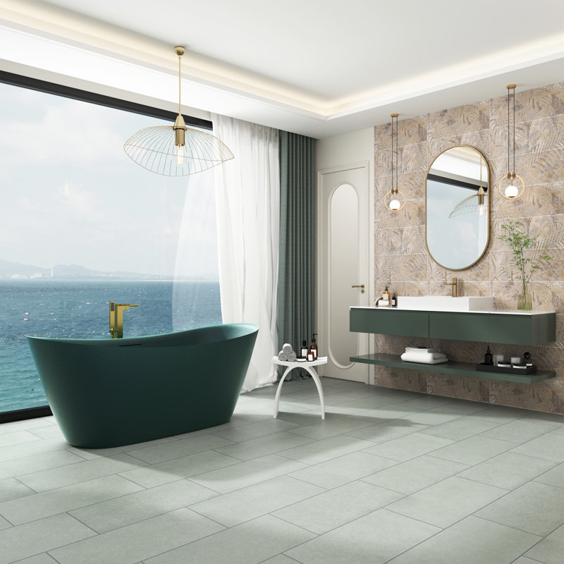 67" x 30" Freestanding Soaking Bathtub Gel Coat Bathtub with Rock Texture, Forest Rock Green