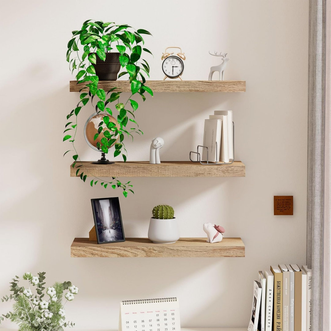 Wooden Floating Shelves Set Of 3, Wall Mounted Rustic Shelves,Length 40 Cm, Wall Display Racks With Invisible Brackets
