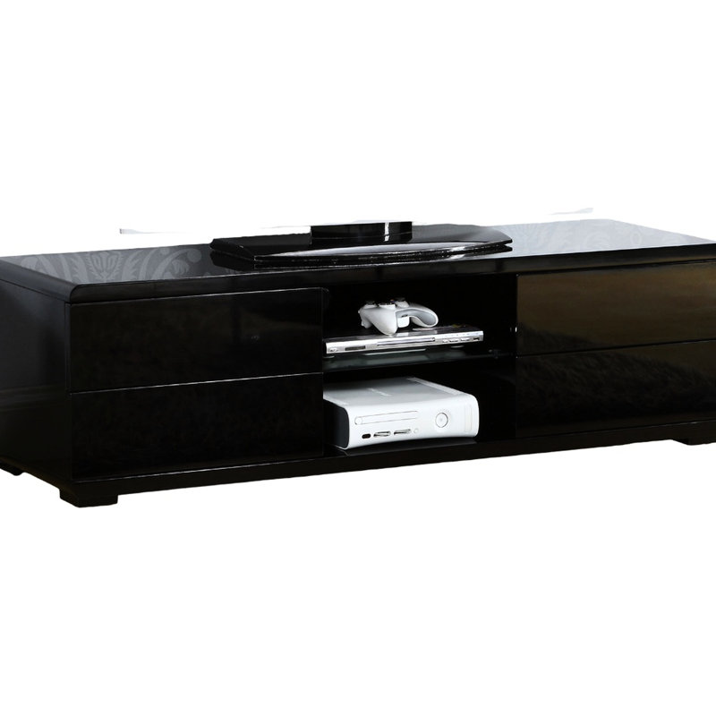 Console de style contemporain laqué noir avec tablettes ouvertes et tiroirs de rangement pleine extension, ensemble de 120 livres