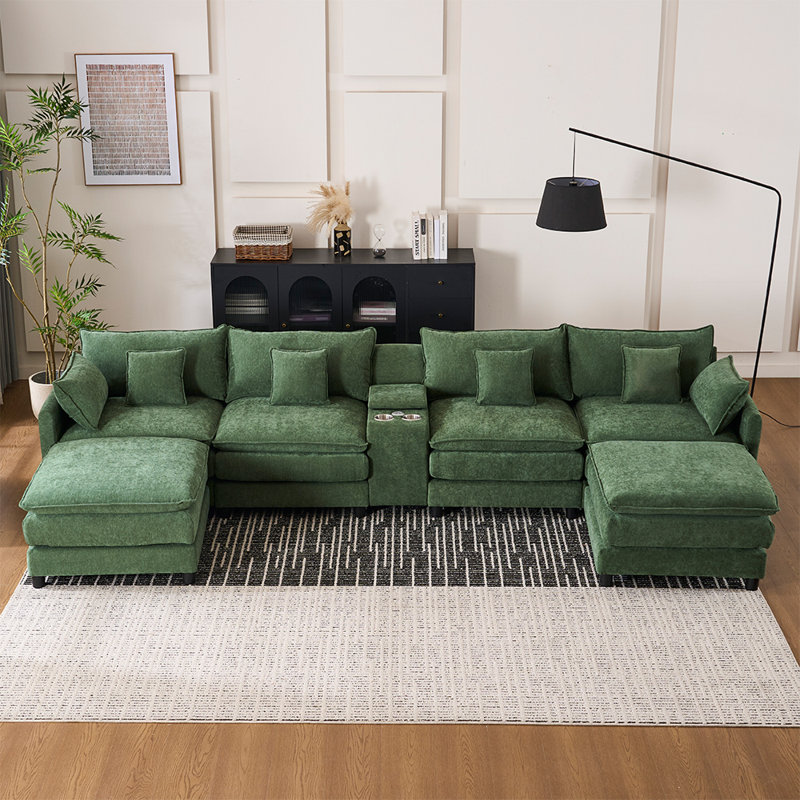 Canapé modulaire en forme de U 144 po en chenille verte avec table basse et assise profonde 144 po, Chenille verte