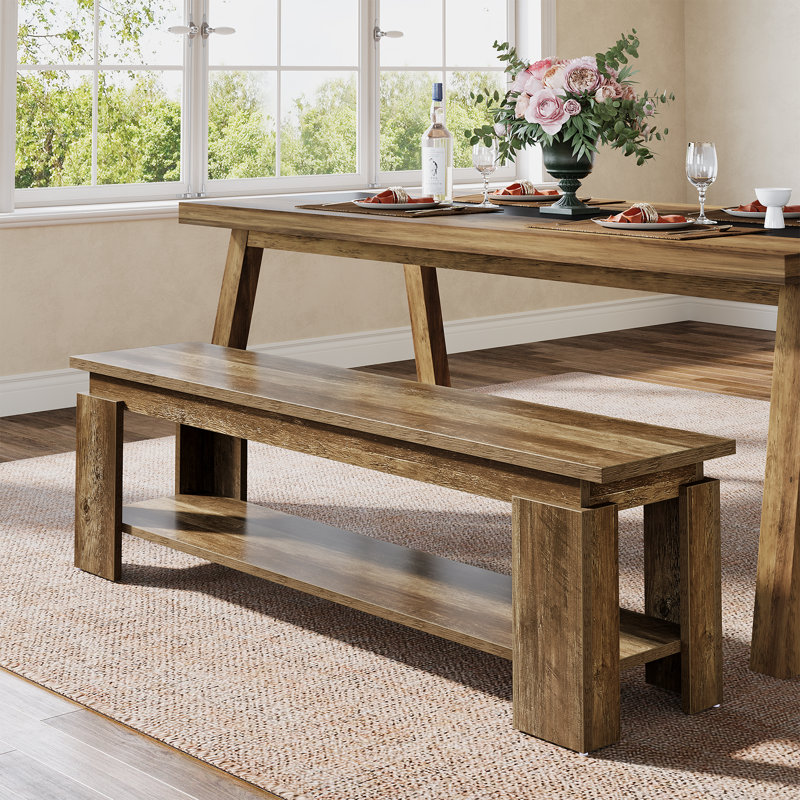 63" Long Dining Bench For 2-3, Farmhouse Wooden Kitchen Bench Seat For Dining Room, Rustic Brown