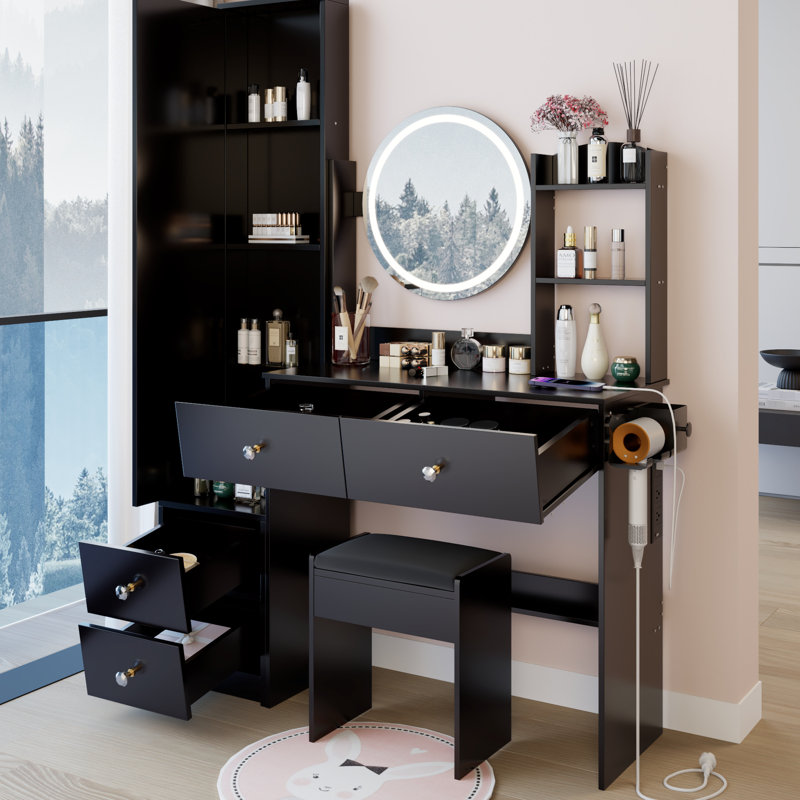 Full Body Mirror Cabinet, 17" Led Vanity Table, Cushioned Stool, 2 Ac + Ports, 3 - Color Brightness Adjustable Touch Controlled Lighting, American Style Dressing Unit Operated Mirror, Stool ,
