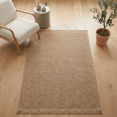 Tapis moderne à franges beige uni texturé (2,6 pi x 4,9 pi)