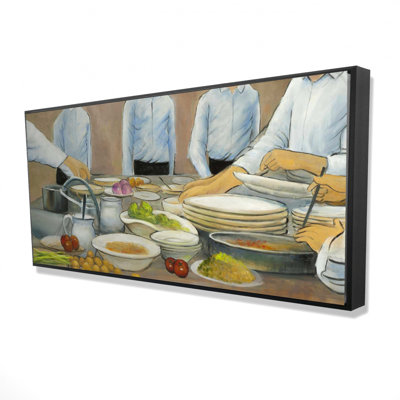 Cuisiniers cuisiniers au travail - Décoration sur toile encadrée blanche Kitchen