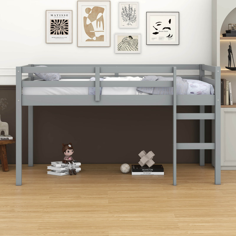 Twin Size Solid Rubber Wood Loft Bed – Ladder & Strengthened Slat Bed Platform, Gray
