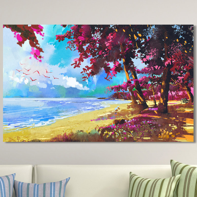 « rose trees on the beach », reproduction d’art sur toile tendue, H 28 po x l 48 po x P 1,5 po
