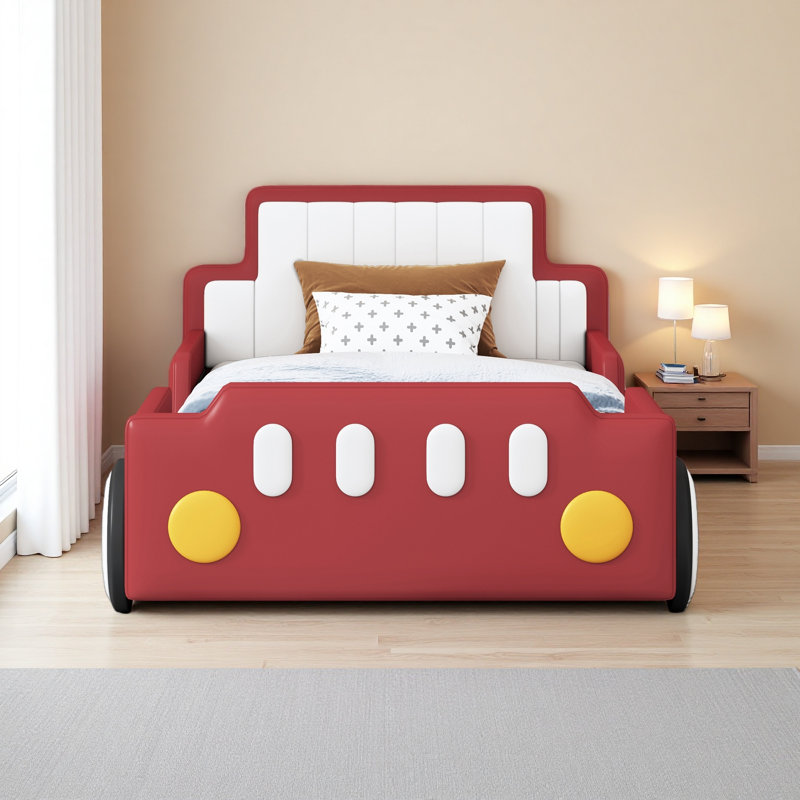 Twin Size Race Car-Shaped Platform Bed With Wheels, Red