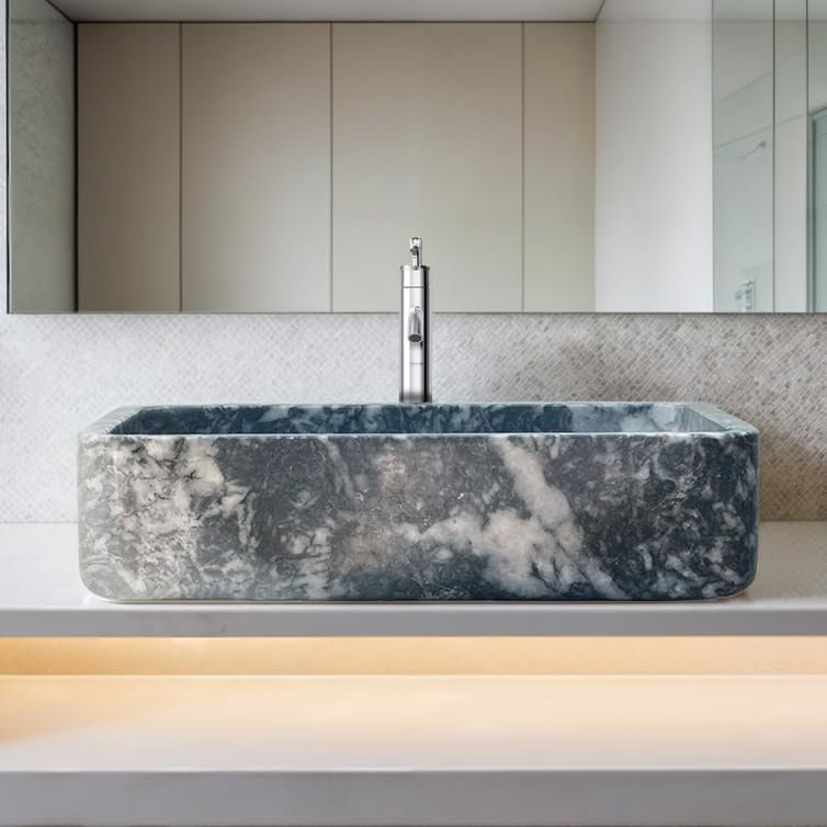Marble Rectangular Sink - Premium Handcrafted Bathroom Vessel, Gray/Blue