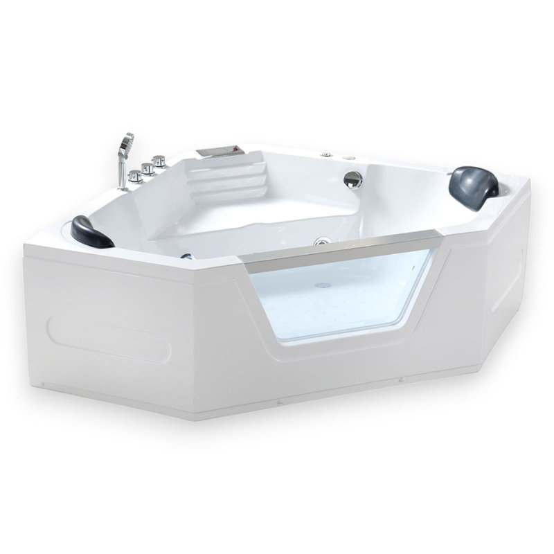 MARBELLA 59" x 59" 2-Person White Corner Whirlpool Bathtub with 10 Jets & Glass Front Panel