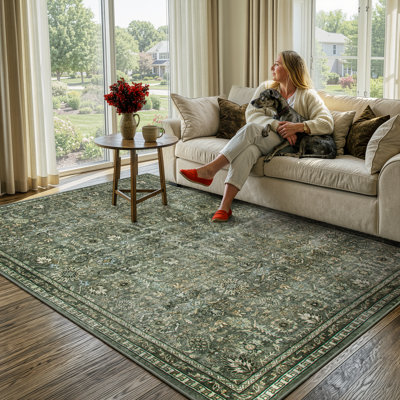  Vintage Floral Washable Green Area Rug,Soft Non Slip Rugs for Bedroom,Living Room,Dining Room