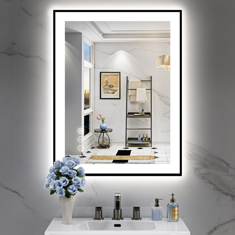 Tyeishia Matte Black Matel Framed LED Bathroom Mirror with Front-lit and Back-lit, Memory Function, 3 Color Temperatures & Dimmable Light, Anti-fog Tempered Glass