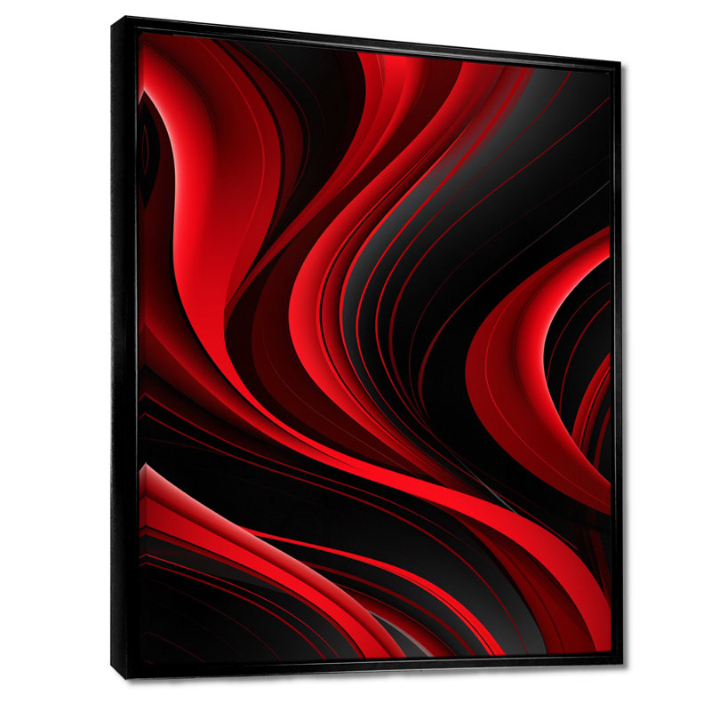 «Happy Streams Minimal Red Black - Abstract Modern Waves», art mural salon, Toile avec cadre flottant noir