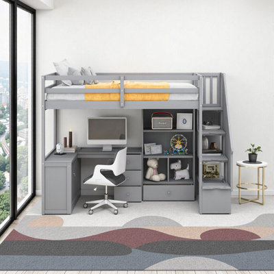 Lit mezzanine simple Dreamy White avec bureau en L et escalier de rangement intelligent | Conception tout-en-un peu encombrante