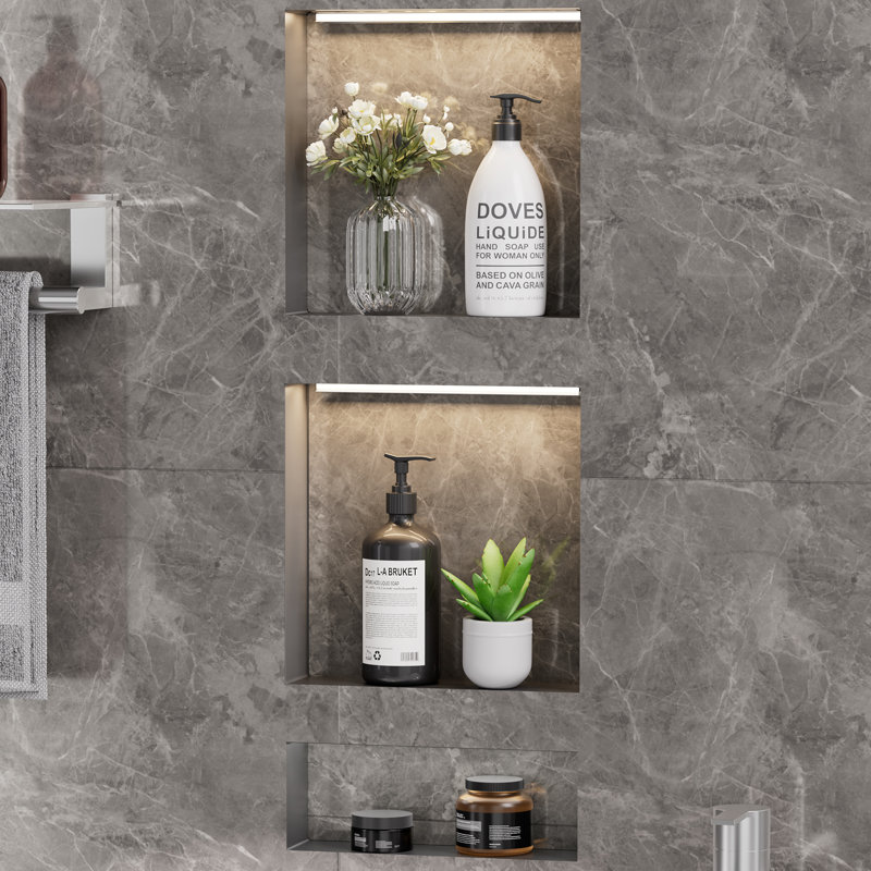Niche de douche encastrée 16 po x 34 po avec éclairage DEL - Organisateur en ABS imperméable à trois tablettes pour l'installation de carreaux de salle de bain