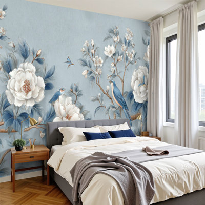 Papier peint adhésif auto-adhésif moderne pour la chambre à coucher Peel and Stick L 69 po x l 96 po - avec art mural botanique céleste