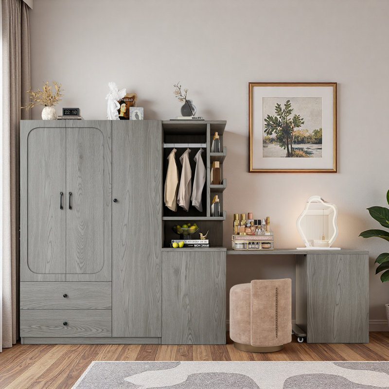 Armoire multifonctionnelle avec 2 portes, tringle, bureau convertible, tiroirs de rangement et tablettes ouvertes, Gris