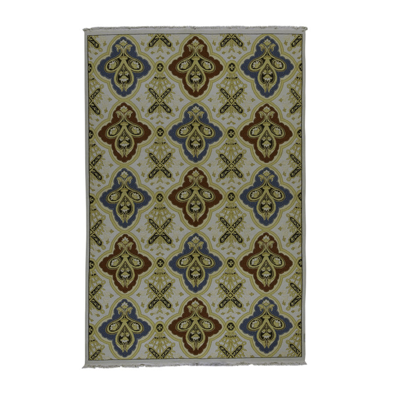 Tapis ivoire / vert / bleu marine / rouge noué à la main de haute qualité