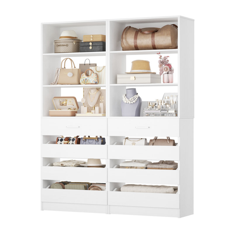 Closet System With 8 Wooden Drawers, Freestanding Closet Organizer With Shelves, White