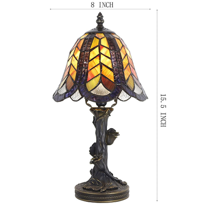 Small Tiffany Lamp Mini Purple Maple Leaf Stained Glass Table Lamp Desk Light 8X8X15.5 Inches with Resin Flower Base