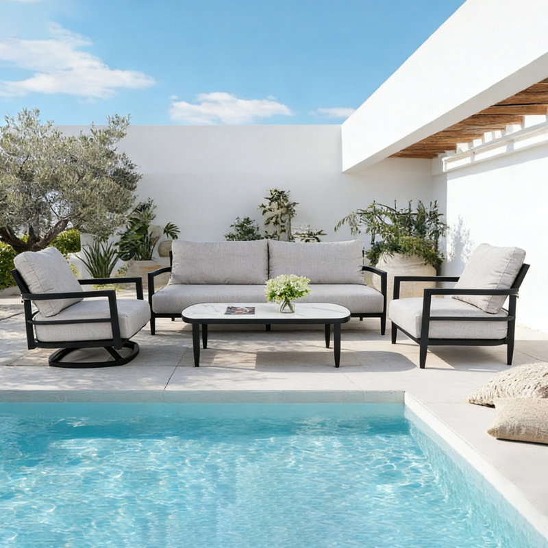 Ensemble de conversation de patio en aluminium 4 pièces Ember Black avec coussins Sunbrella