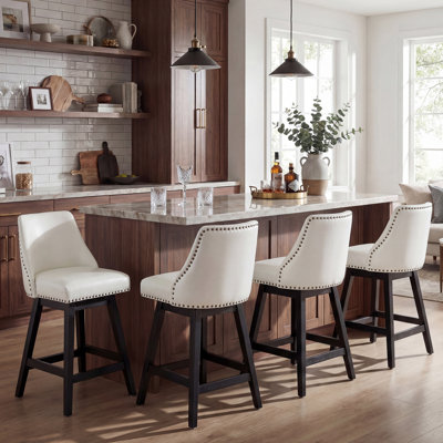 Tabouret de bar pivotant moderne, chaise de bar rembourrée de 66 cm (26 po) de hauteur comptoir avec pieds en bois massif et garniture cloutée pour îlot de cuisine (ensemble de 1)