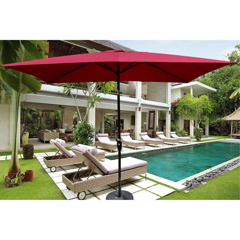 Parasol de patio 6 x 9 pi pour l'extérieur - auvent à eau avec manivelle et inclinaison sans rouille - mât en acier, tissu protégé 40+ pour le jardin, la cour arrière, la piscine bourgogne imperméable, bouton-poussoir rectangulaire pour