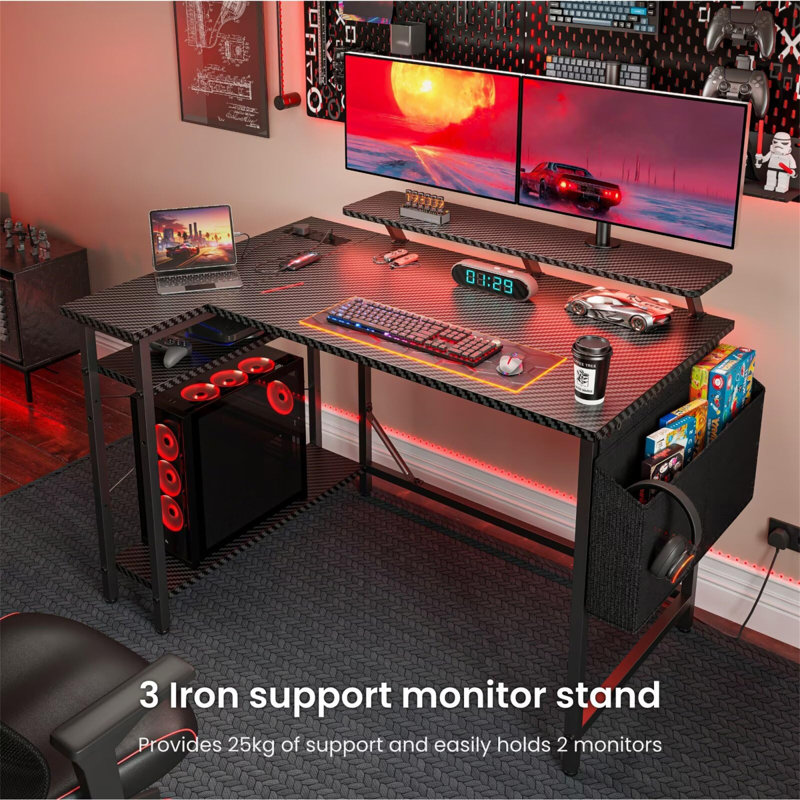 L-Shaped Metal Base Computer Desk with Power Outlet