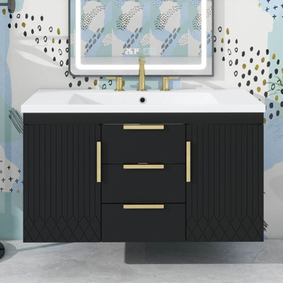 Armoire de rangement flottante pour salle de bain 36 po avec lavabo, 2 portes à fermeture douce, 2 tiroirs, garniture décorative
