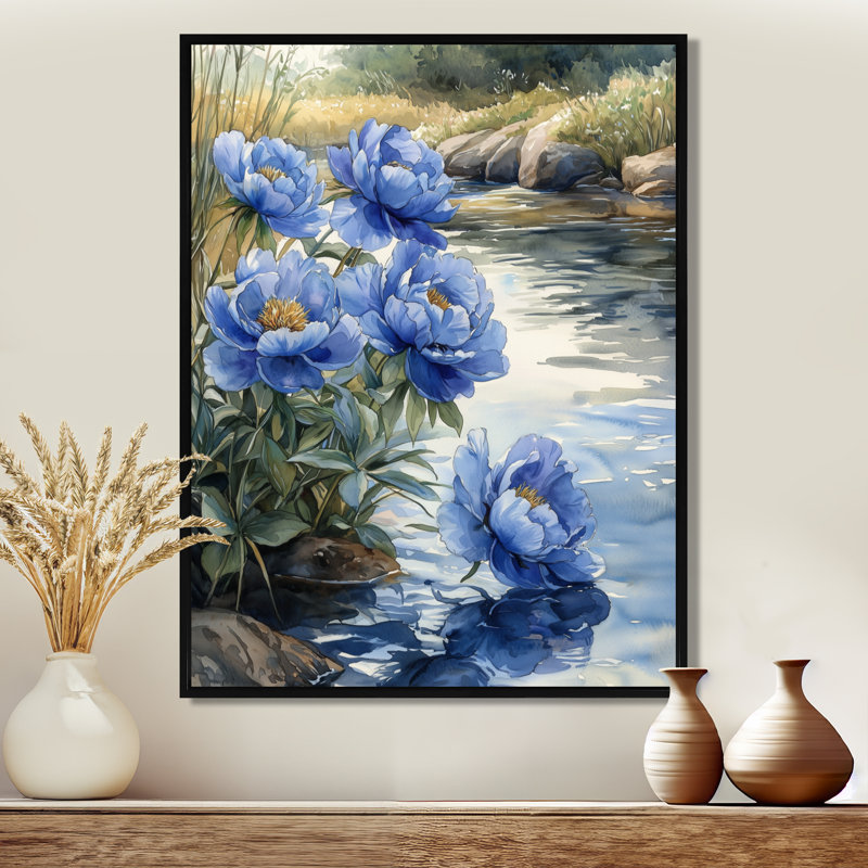 Bleuet bleu pivoines au bord de la rivière I - pivoines, reproduction d'art sur toile encadrée, H 40 po x l 30 po, Noir
