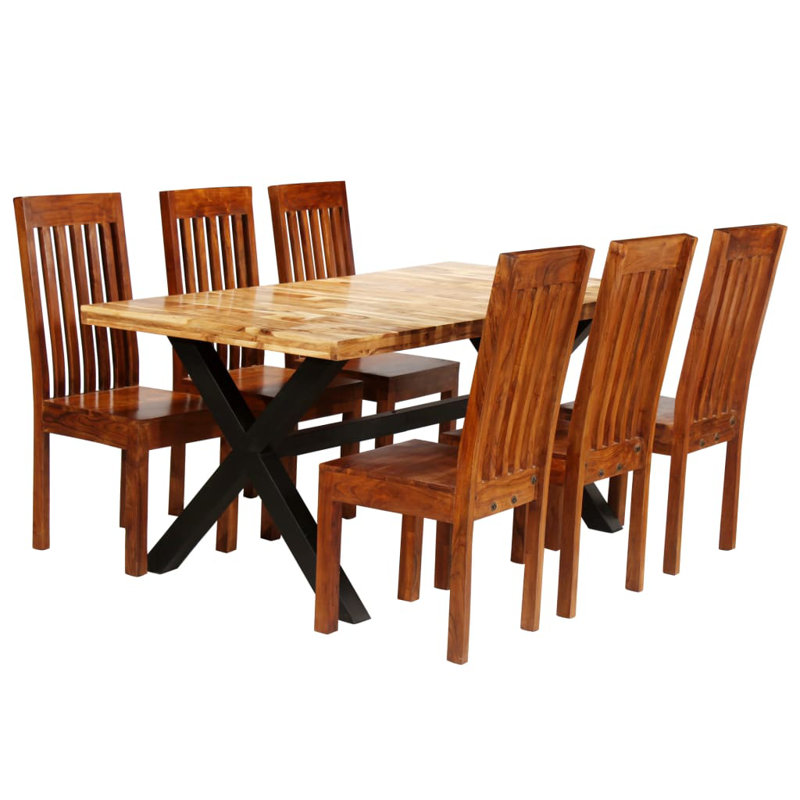 Fulmer Dining Table Set 7 Pieces Solid Acacia Wood, Light Brown, Black