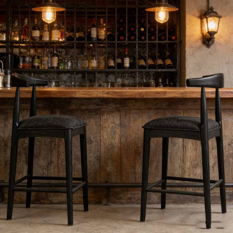 Bar Stools Set Of 2 With Soft Cushion And Footrest, Black, Black, Counter Stool (26.5” Seat Height)