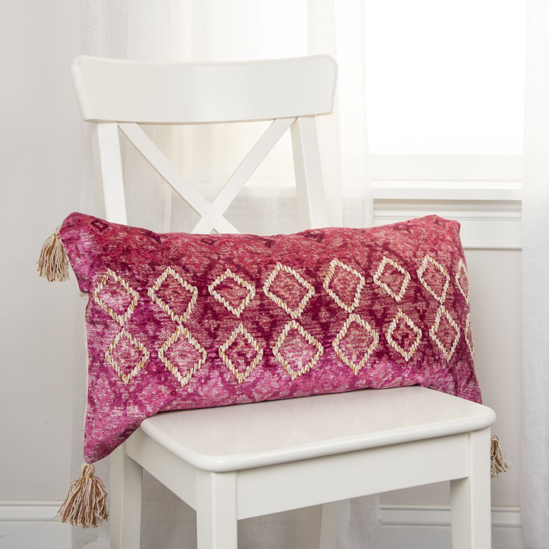 Pink and Ivory Embroidered Cotton Velvet Lumbar Pillow