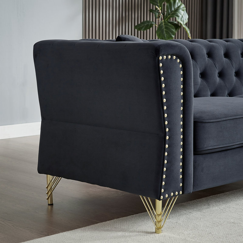 Canapé en velours avec têtes de clou et coussins 60,2 po Cohron, Noir