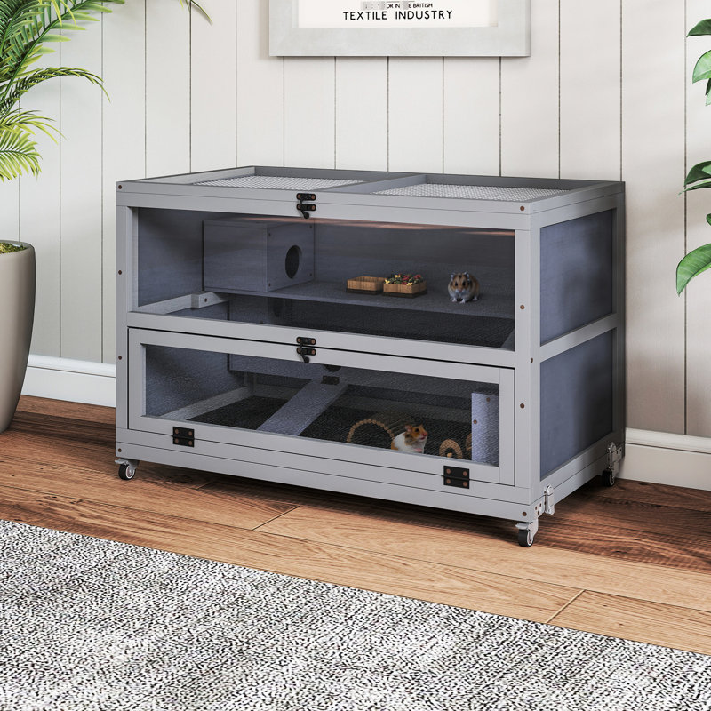 Enceinte grise pour petits animaux, cage à hamster en bois avec tunnels, plateau amovible, roulettes, façade et plateau ouverts, idéale pour les activités, assemblage rapide
