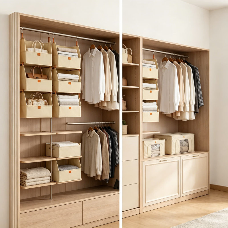 Hanging Closet Organizer 4 Tier, Space Saving Clothes Shelves for Bedroom, Dorm, RV, Beige Fabric Storage Bins with 8 Strong Hooks, Collapsible Shelves for Walk in Closet