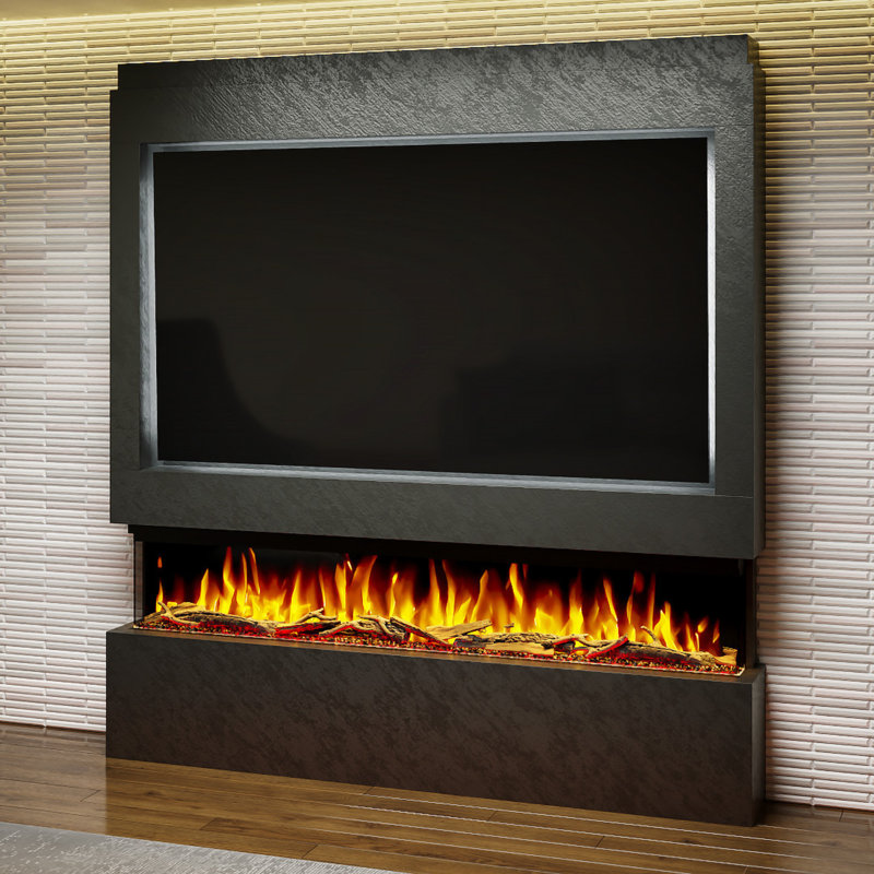 Evolution Fires Pre-Built Media Wall Package 9, finished in textured Venetian Plaster, includes Spectrum Series 72 Series 3-Sided Electric Fireplace