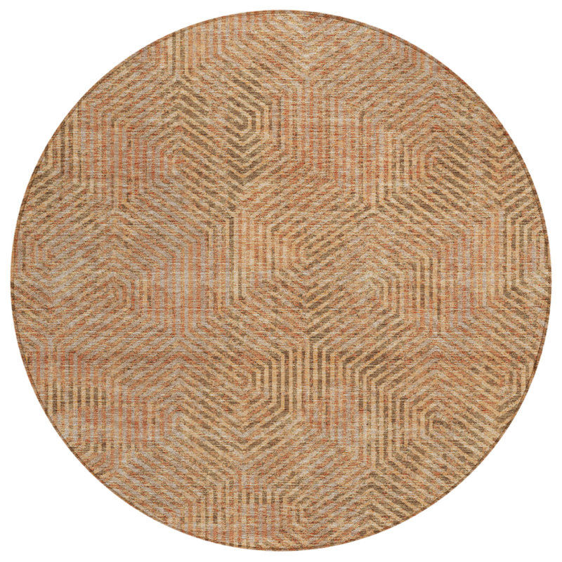 Tapis extérieur rond lavable géométrique 8 pi brun et beige