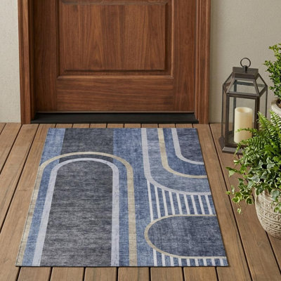 Tapis extérieur lavable antidérapant bleu et noir 3 pi x 5 pi