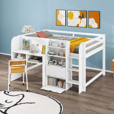 Full Size Solid Wood Low Loft Bed With Built-In Desk, Storage Cabinets And Open Bookcase, Graffiti Whiteboard For Kids