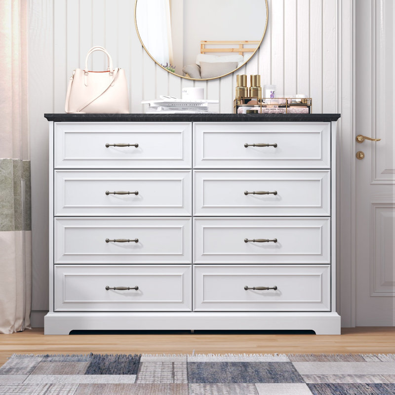 Vintage Tall Dresser With 8 Drawers, White/Dark Gray