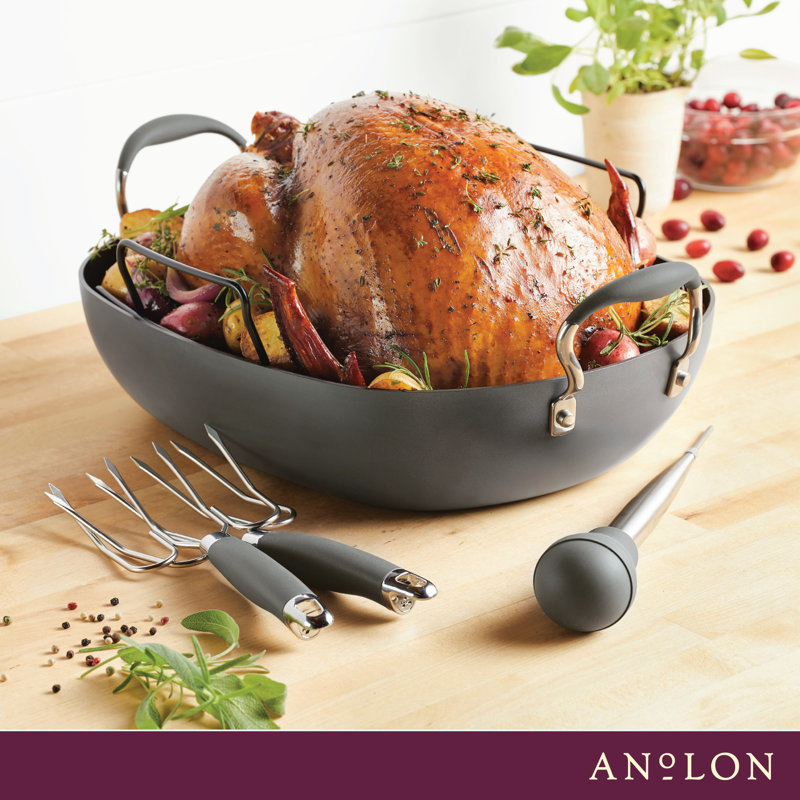 Anolon Advanced Home Hard Anodized Nonstick Roaster / Roasting Pan With Utensil Set, 6 Piece, Moonstone